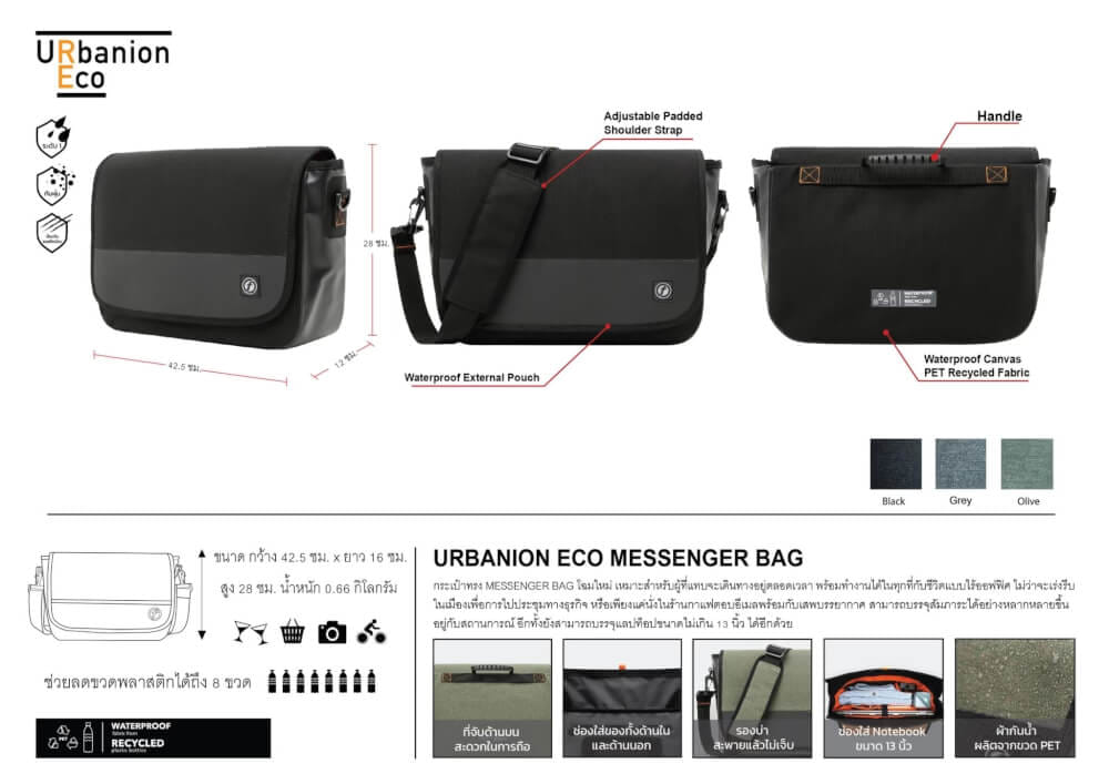 กระเป๋าสะพายข้างกันน้ำ FEELFREE URBANION ECO รุ่น MESSENGER BAG สี GREY_1